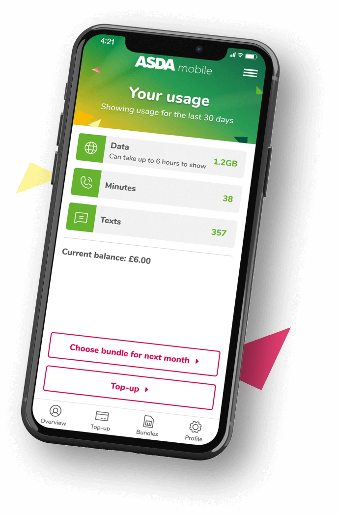 Image of mobile phone showing usage monitoring on Asda mobile app